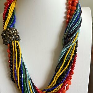 Vintage Luisa Conti multicolor, orange red blue black yellow glass bead Torsade.